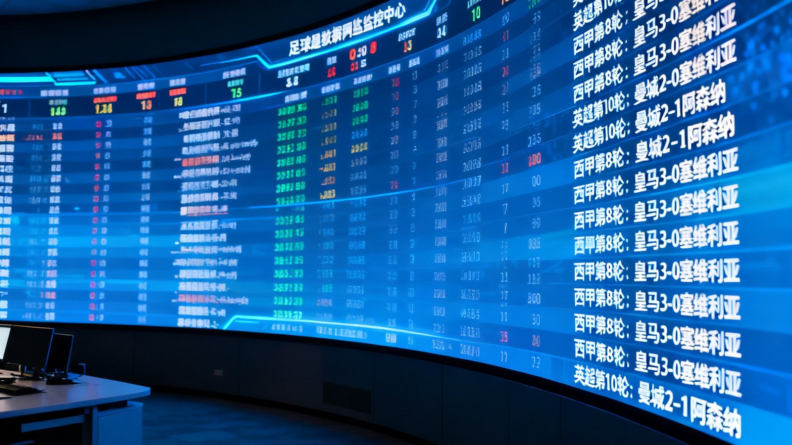 足球数据网监控中心，大屏显示全球实时比分和赛事数据流